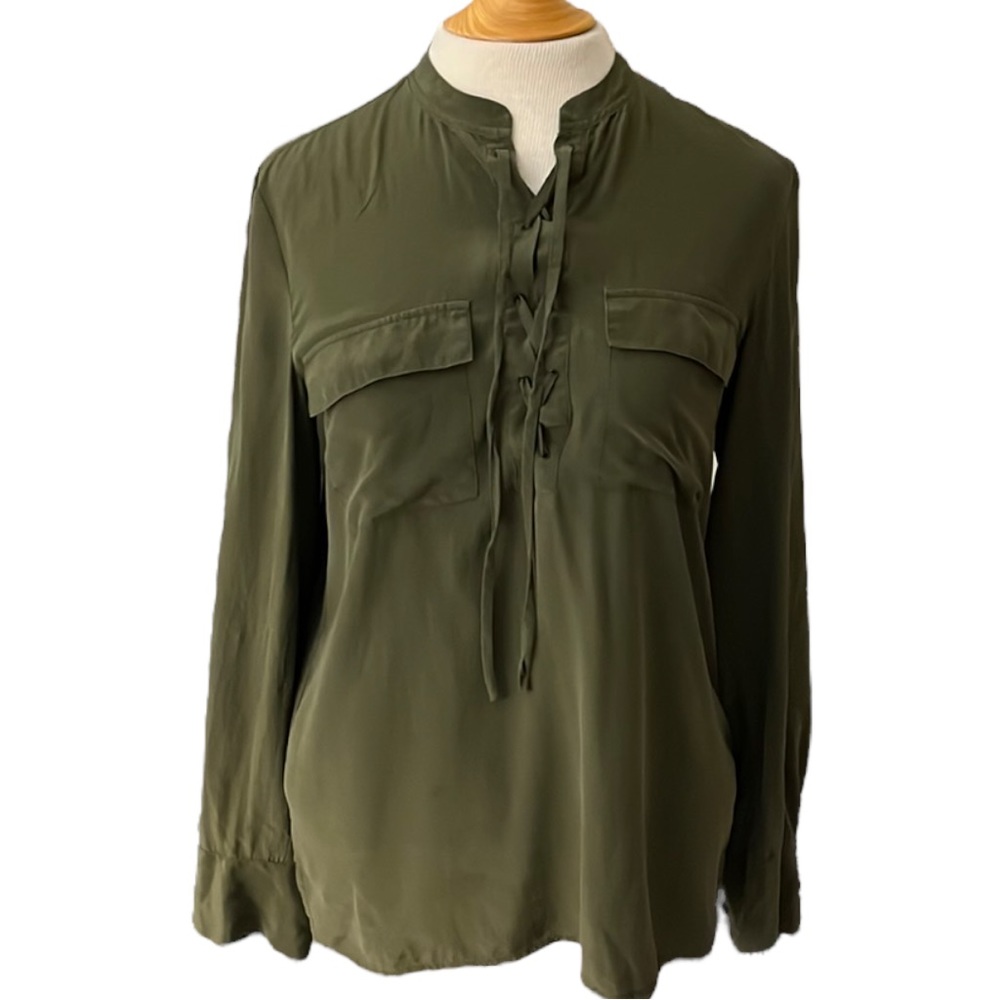 Madewell Silk Lace-Up Olive  Top/Blouse Small